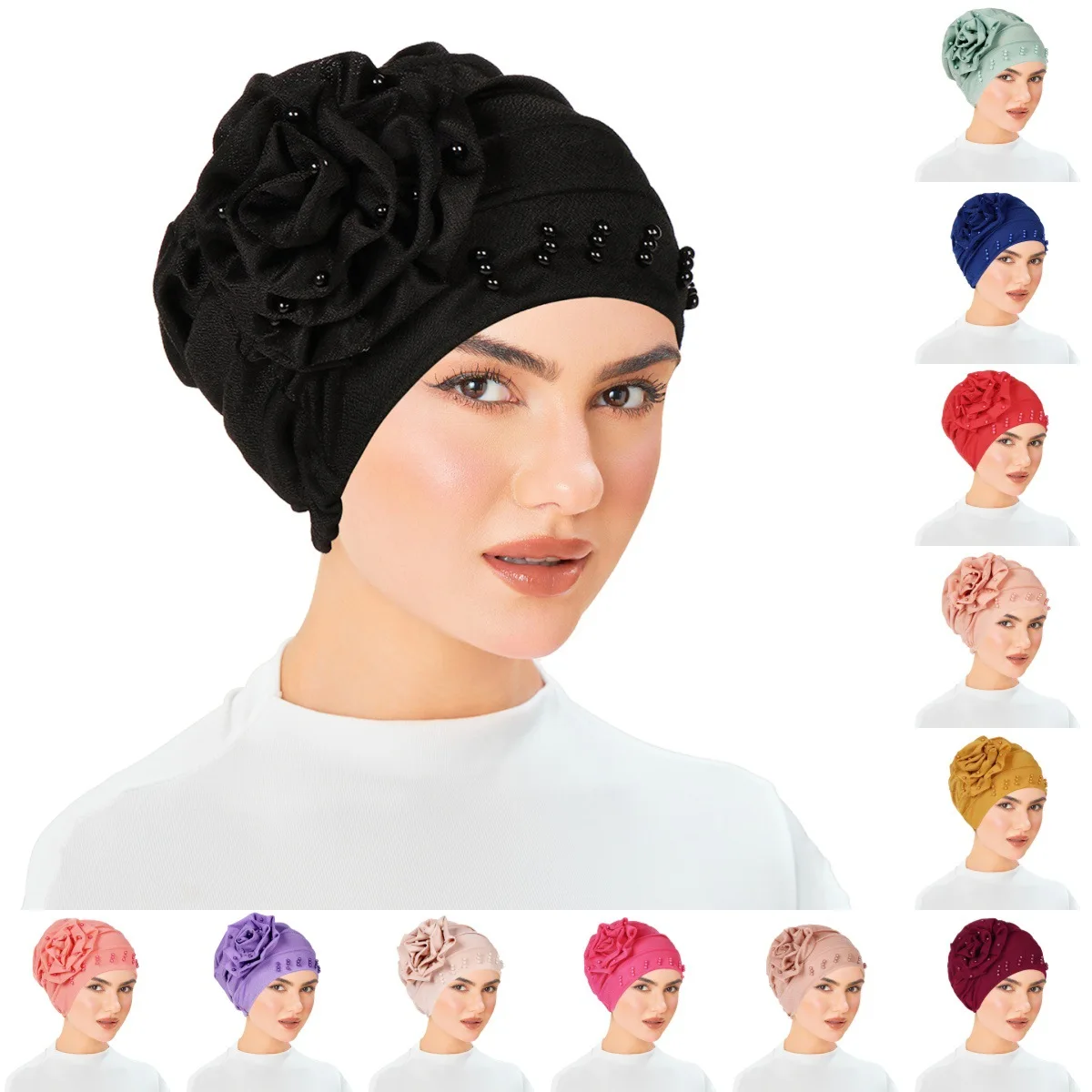 Women Muslim Flower Turban Inner Hijab Hat Chemo Cap Beads Beanies Bonnet Hair Loss Headscarf Bandanas Headband Turbante Mujer