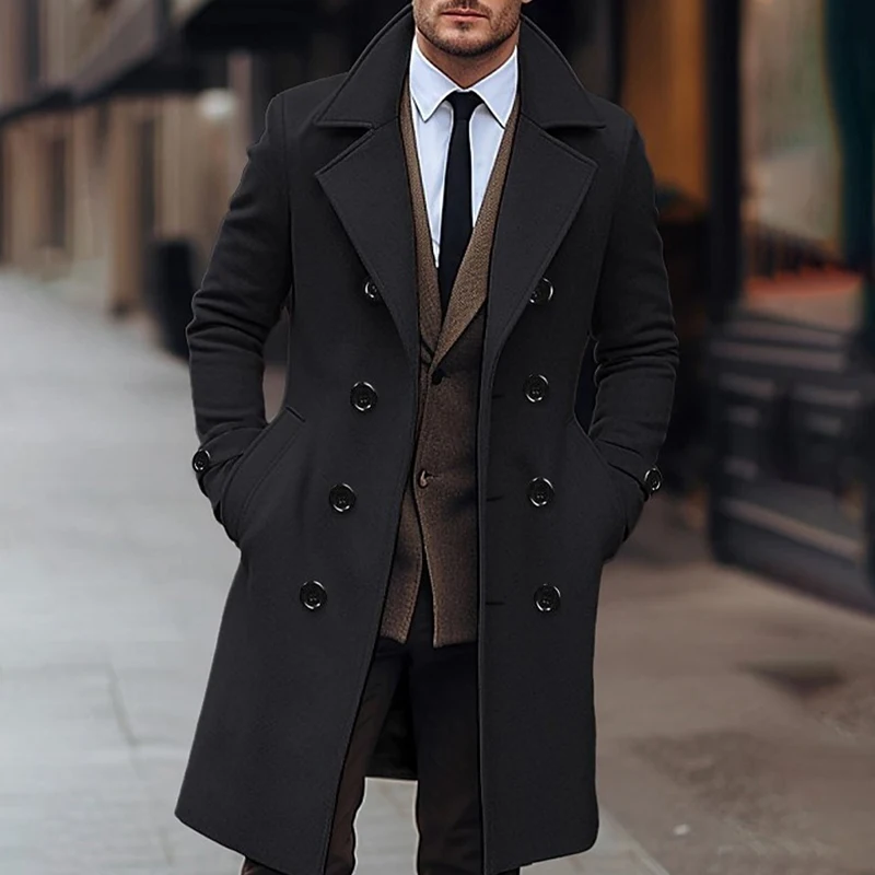 Men's Tweed Pea Coat Casual Solid Color Warm Long Sleeve Lapel Neck Double Breasted Blends Winter Cardigans Streetwear Outerwear