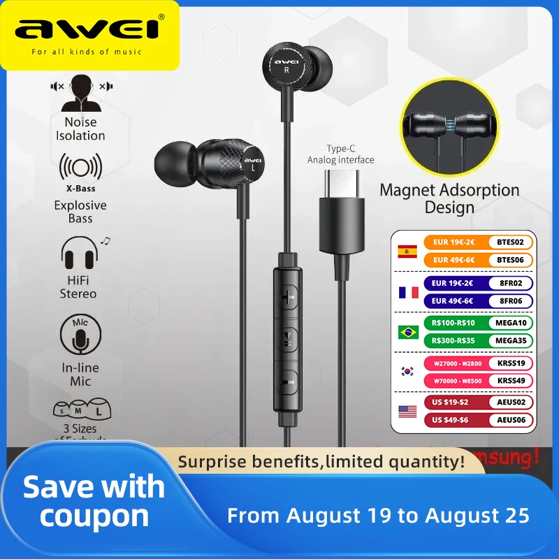 

Awei TC-5 Wired Earphone In-ear For Phone Type-C Jack Stereo Deep Bass With Microphone Button Control 1.2m Original Earphones