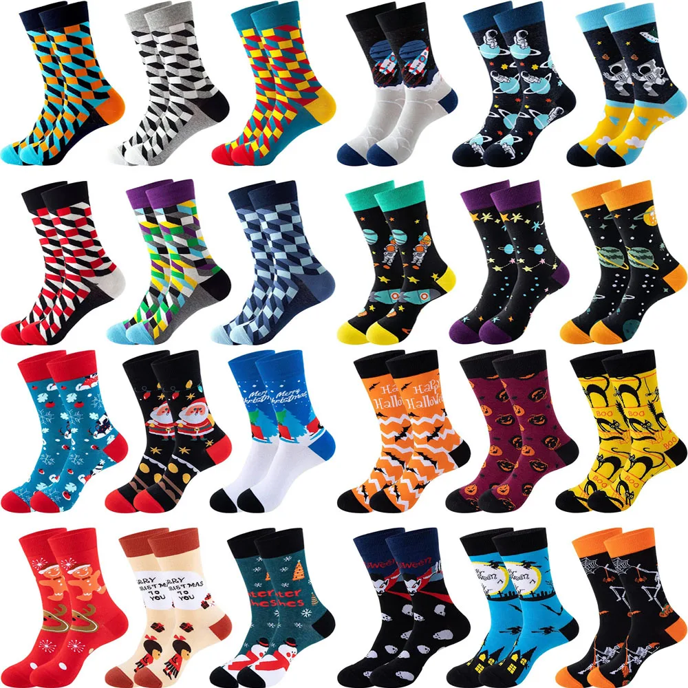 

6 Pairs Unisex New Fashion Colorful Happy Casual Socks Dress Harajuku Cute Spaceman Grid Women Funny Socks