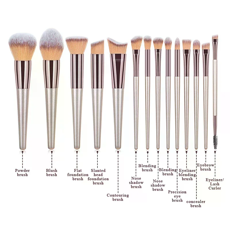 

Набор профессиональных кистей для макияжа цвета шампанского золота, 10/14 шт., для тональной основы, рассыпчатой пудры, румян, консилера и теней для век