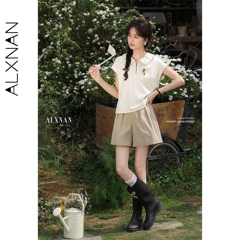 ALXNAN T-Shirt mit Polokragen, kurzärmelig, Baumwolle, Damen-T-Shirt, 2025, elegantes 3D-Blumen-Reißverschluss-Design, lässige Oberteile, Damen, L55210