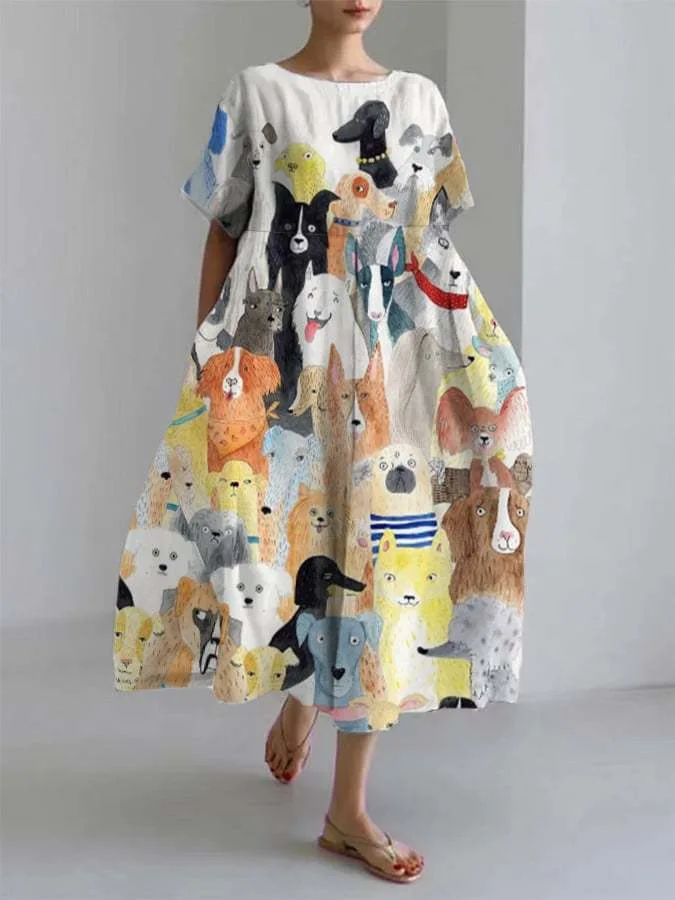 

Женское ретро-модное стильное свободное платье с 3D принтом и круглым вырезом с короткими рукавами больших размеров