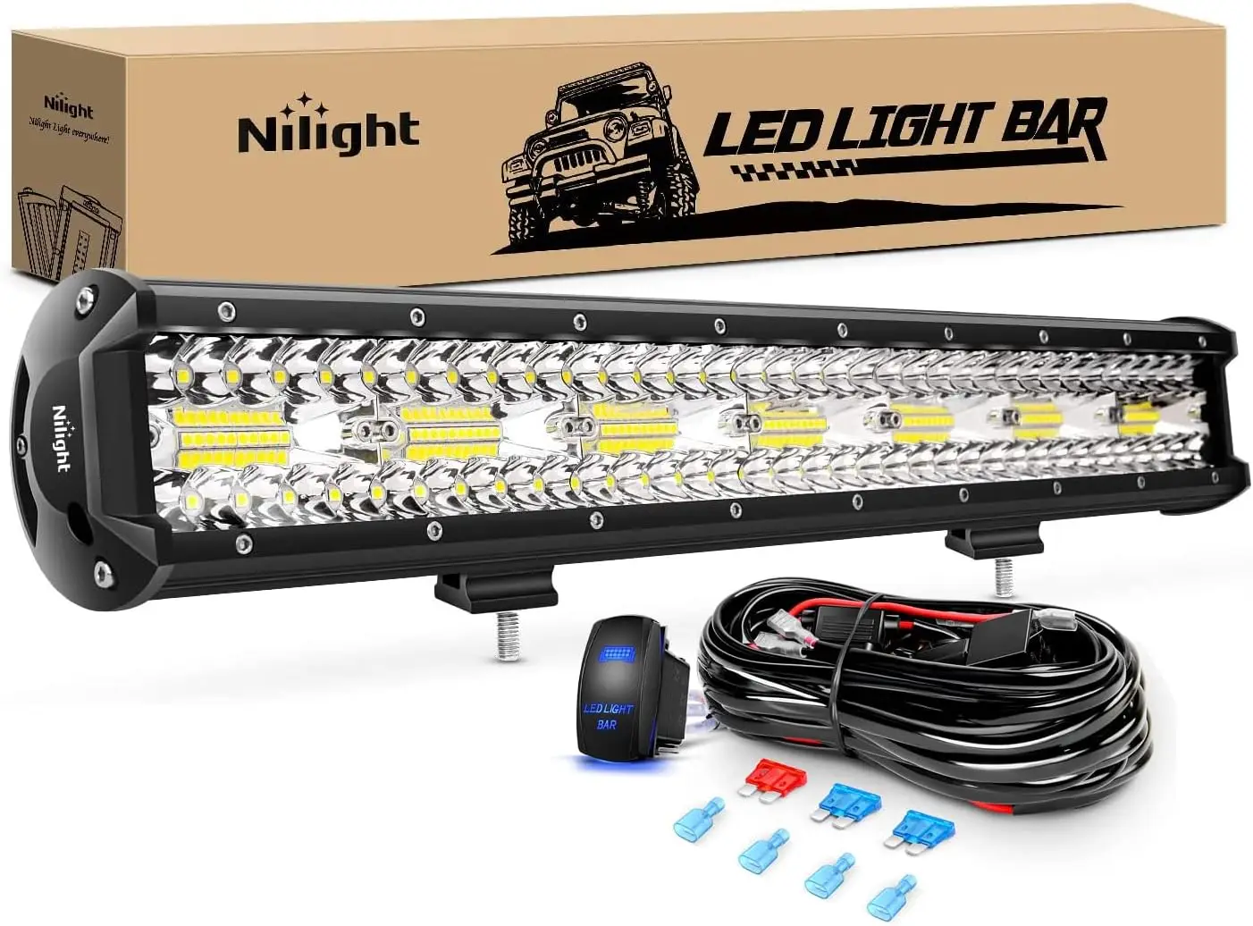 20 Inch 420W LED Light Bar Triple Row Flood Spot Combo 42000LM Driving Boat Led Off Road Lights with 12V On/Off 5 Pin Rocker Swi