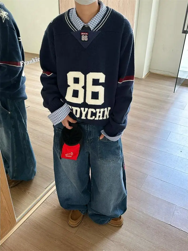 

Мужской свитер-худи оверсайз в стиле ретро-колледж, вязаный, с цифровым принтом, теплый, осенне-зимний, модный дизайн