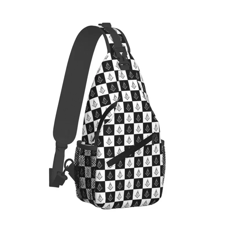 Customized Black And White Masonic Freemason Checkered Pattern Sling Bag for Men Shoulder Chest Crossbody Backpack Travel Hiking