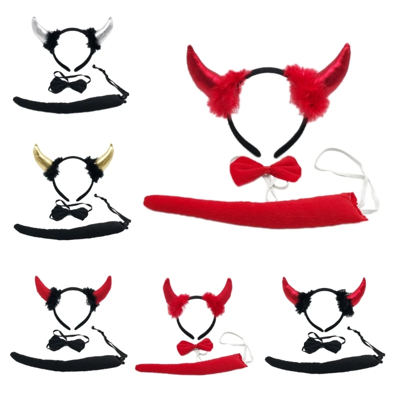 

Halloween Devil Costume Kits Including Horn Headband Bowtie Tail Demons Dress Up Outfit Halloween Cosplays Party Props