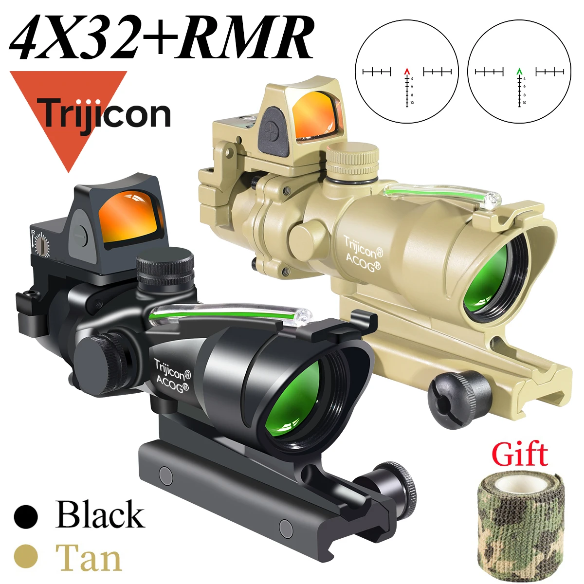 Trijicon 4x32 Acog Scope Red Green Real Fiber Optic Sight Glass Etched Reticle RMR Red Dot Tactical Rifle Airsoft Collimator