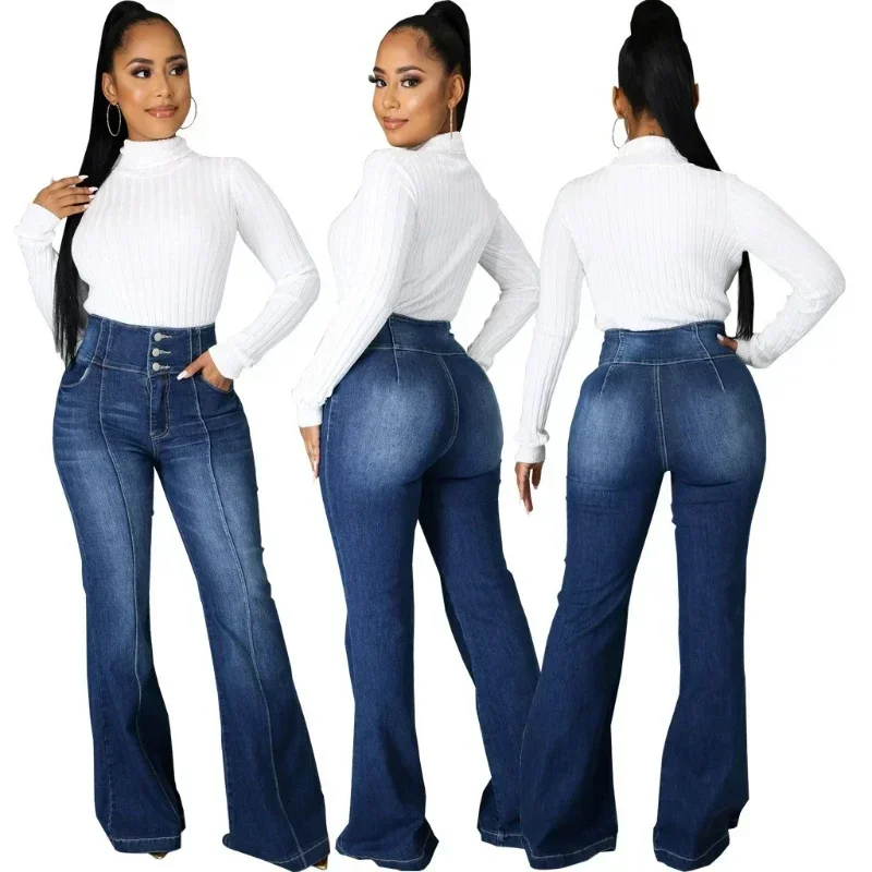 

Jeans Pants Women Long Flare Pant Splice Washing Pant Solid Denim Slim Fit Trousers button Elegant Office Lady Spring Summer