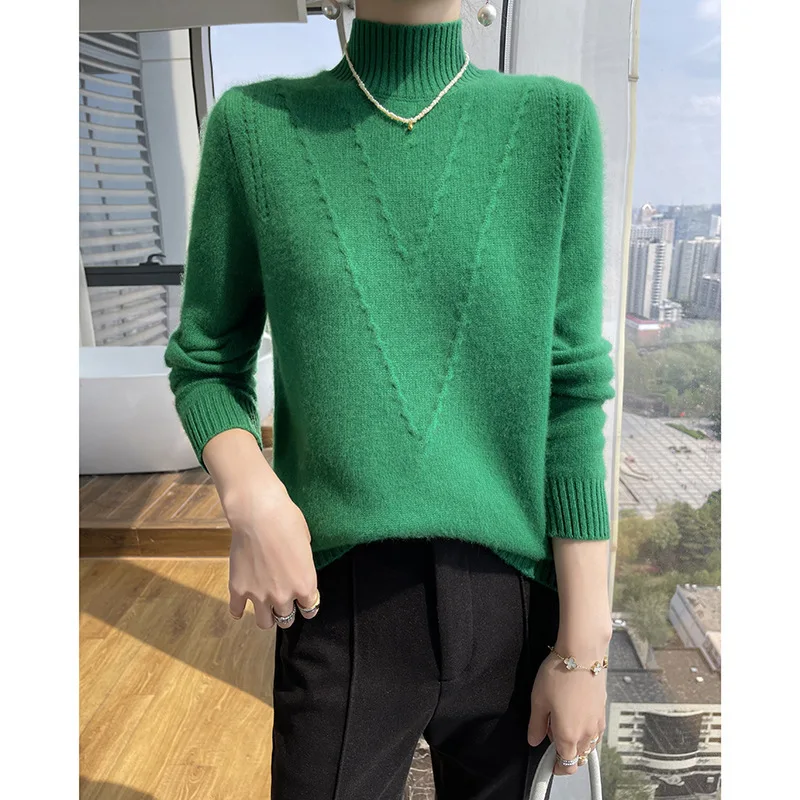 Women Turtleneck Soft Knit Sweater Long Sleeve Hollow Cable Texture Slim Fit Solid Beige Pullover Jumper For Winter Office Daily
