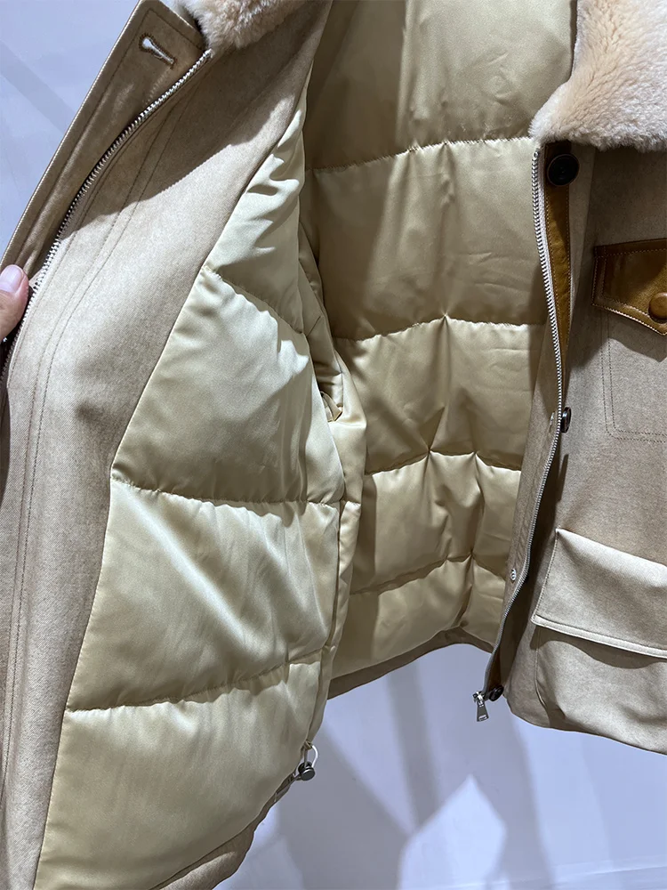 2025 herbst Winter frauen Natürliche Echte Lamm Schafe Pelz Kragen Denim Gans Unten Jacke Outwear Luxus Weibliche Puffer Mantel