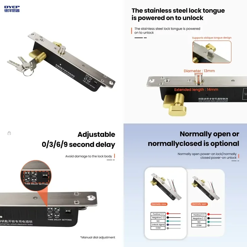 2026 Custom Bolt Electric Mortise Lock Adjustable Delay Key Unlock Electric Deadbolt DC12V Electric Door Lock Access Control