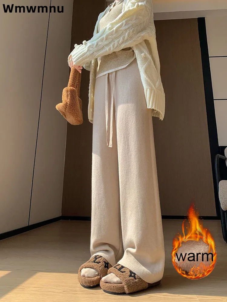

Толстые флисовые трикотажные брюки, корейские модные теплые женские повседневные брюки на шнуровке с высокой талией, свободные прямые брюки с широкими штанинами
