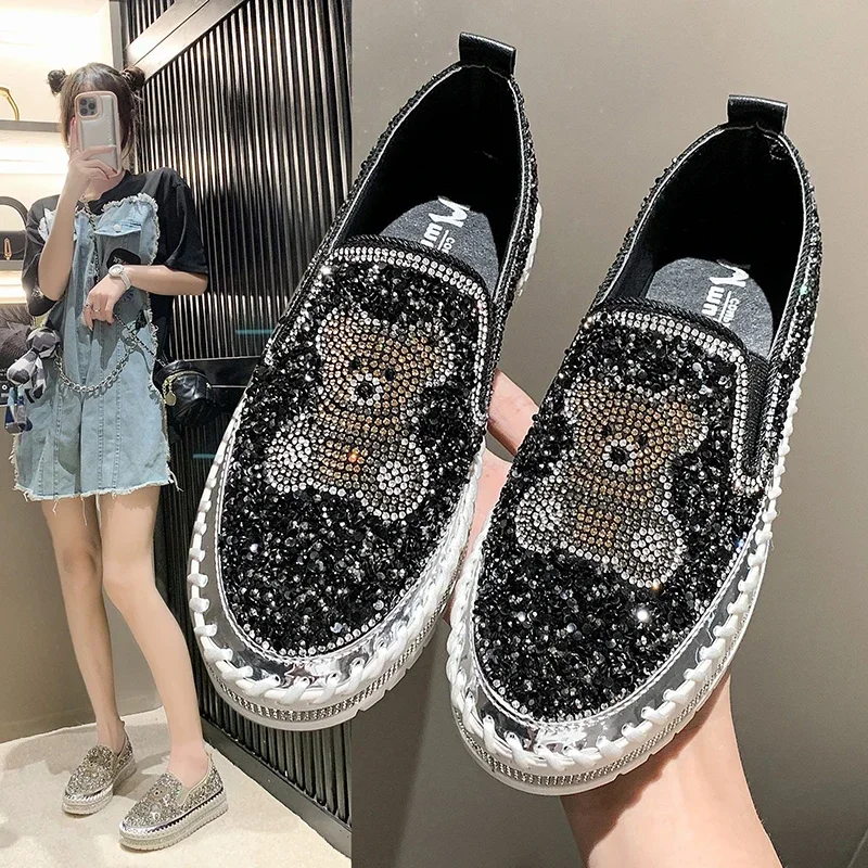 New Luxury Women's Flats Rhinestone Shiny Hand Stitched Platform Loafers Shallow Cut Fashion Casual Shoes Women Shoes Sneakers