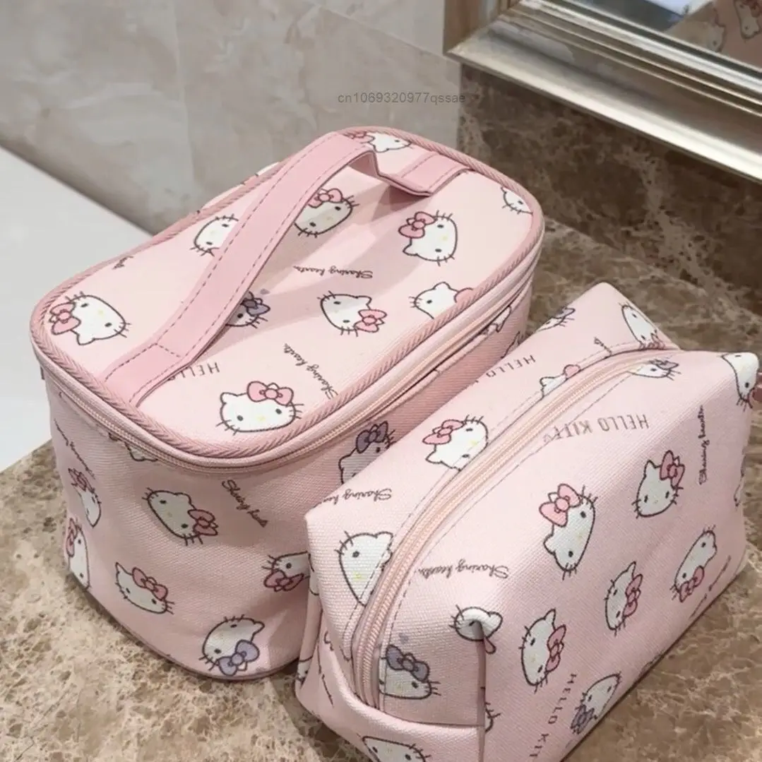 Hello Kitty Cute Print Large Capacity Handheld Makeup Bag Sanrio Y2k Pink Cute Printed Portable Toilet Handbag Storage Bag