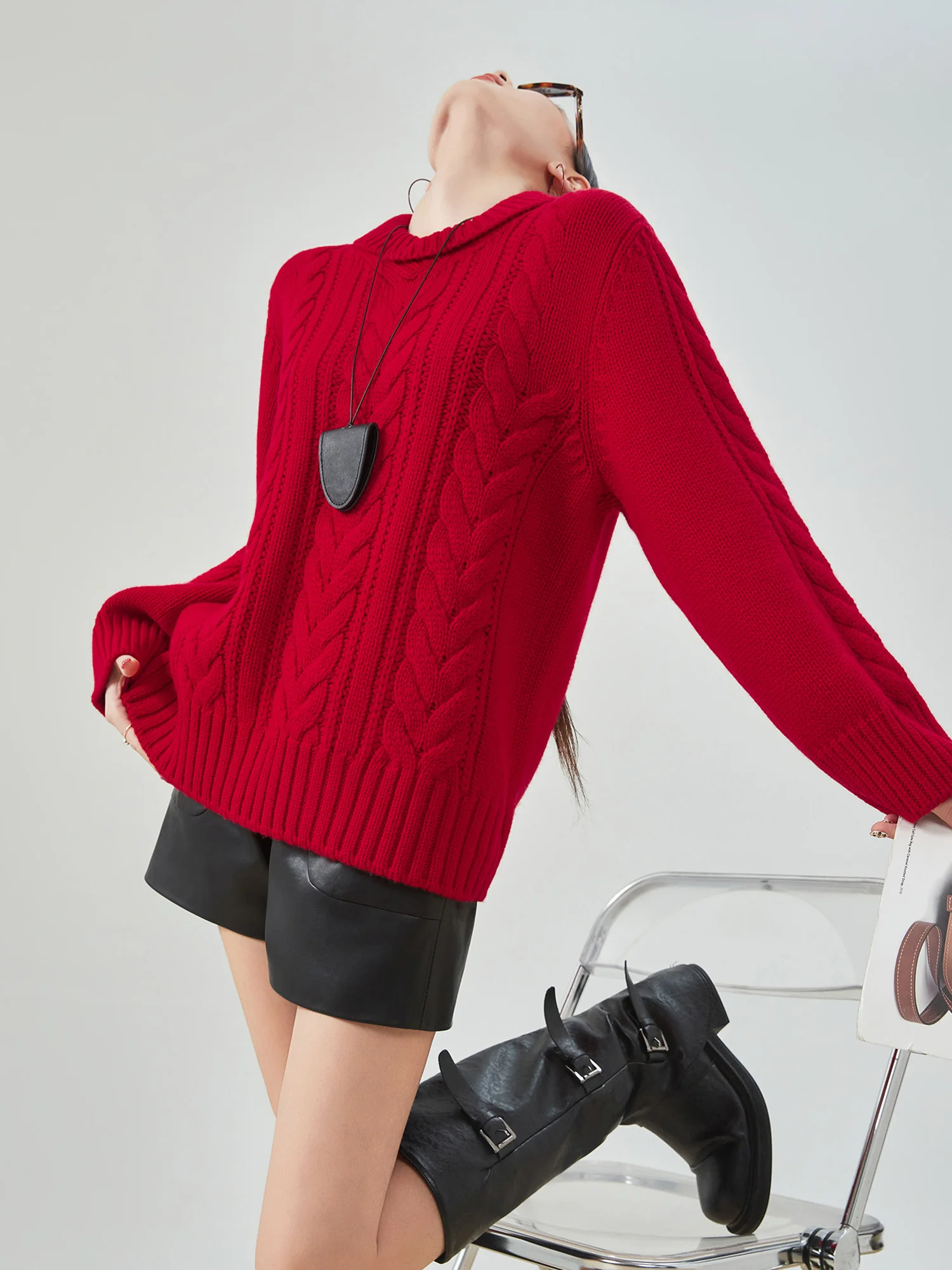 

Красный вязаный свитер с высоким воротником для женщин, свободный крой, элегантный, для ранней весны, новинка, зимний, для повседневной носки, из полиэфирного волокна