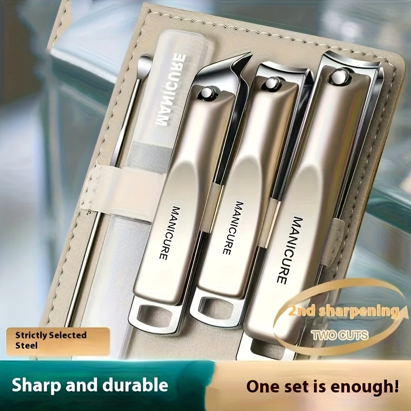 5pcs Sharp and Durable Stainless Steel Nail Clippers Set with Ear Scoop Precision Grinding & Anti-Splash Rotating Case