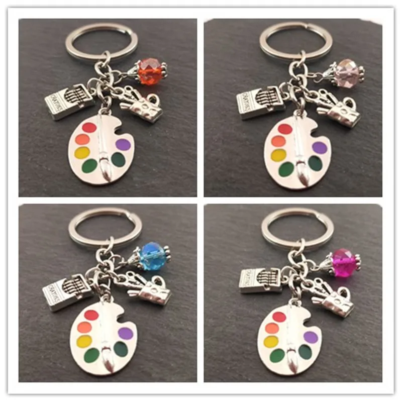 1pc Painters Tools-Palette&Brush Keychain With Bead Jewelry Tibetan Silver Charm Pendant Key Chain Ring DIY Fit Keychain