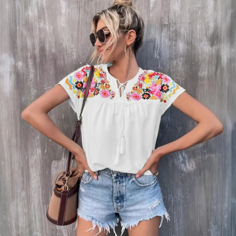 New Fashion Solid Embroidery Short Sleeve Blouse Top Summer Round Neck Tassel Lace Up Shirts Tops Casual Loose Shirt For Women