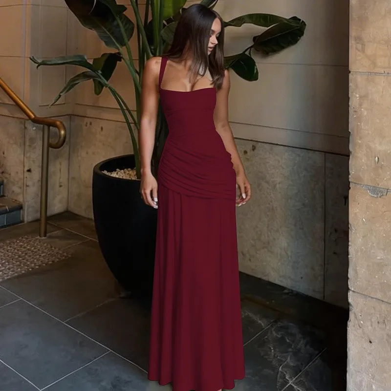 Pleated Sleeveless Gown with Midi Waist Elegant Slim Fit Party Dress for Women Autumn Square Neck Long Dress Medium Stretch