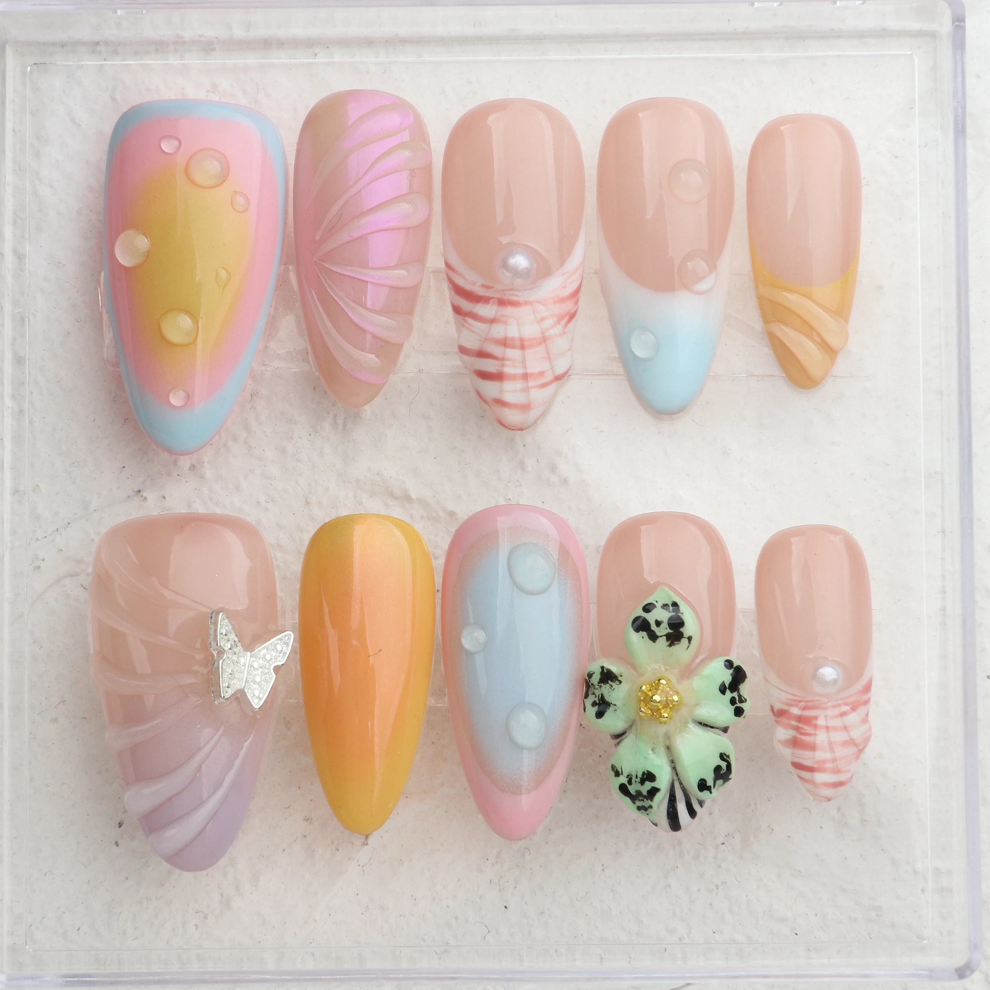 

10Pcs Handmade Manicure Medium Almond Fake Nails Unique 3D New Cut Flowers Press On Nails Design with Adhesive Nail File Set