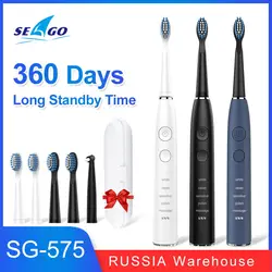 Seago escova de dentes sônica elétrica 360 dias longo tempo de espera à prova dwaterproof água usb recarregável com 5 cabeças escova sg575