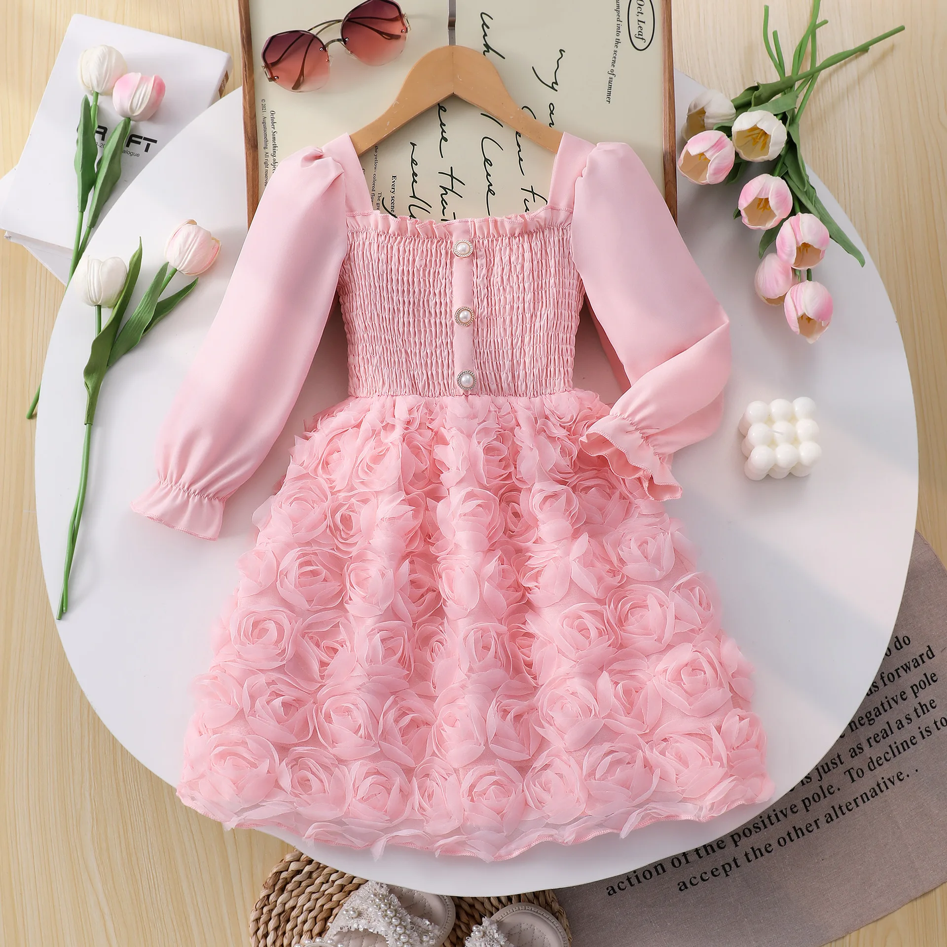 

Новое модное платье для девочек 2026 года с 3D-цветочным узором и длинными рукавами, праздничное платье-бюстье для малышек