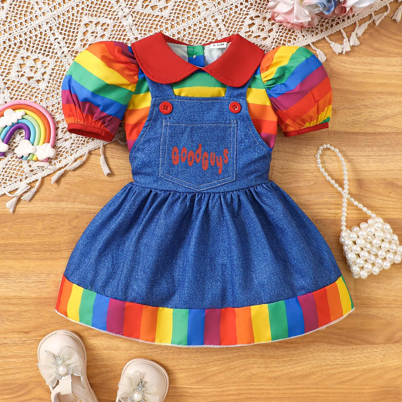 1Y,2Y,3Y,4Y,5Y Toddler Girls Clothes Sets Rainbow Short Sleeve T-Shirt Cowboy Strap Skirt Two Piece Set Toddlers Summer Outfits