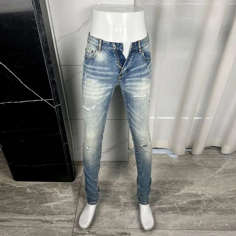 

High Street Fashion Men Jeans Retro Light Blue Stretch Slim Fit Ripped Jeans Men Patched Designer Brand Vintage Denim Pants