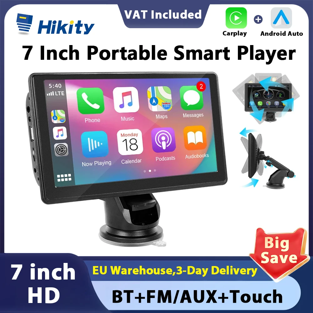 Hikity Portable 7 inch Carplay Car MP5 player Smart Supports Carplay Android Auto With Apple Aiplay Bluetooth Music