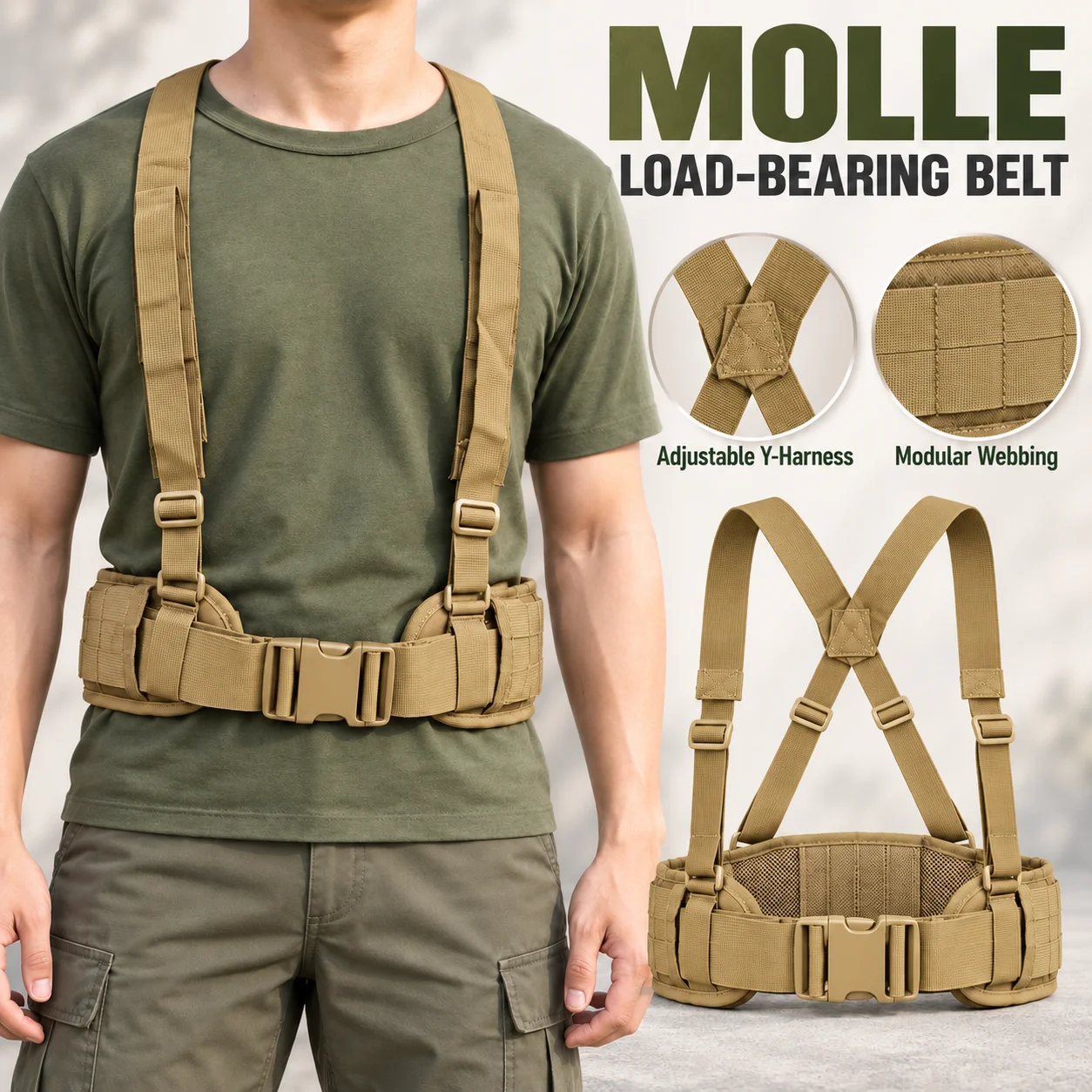 Outdoor Tactical MOLLE Padded Waist Belt with Adjustable Y Harness, Load-Bearing Gear Belt for Hiking, Training and Field Use
