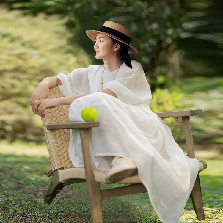 E Vestido Largo Hoado de Lino de Aodón Blanco, Estilo Bohemio, Color Puro, Manga Larga, Capucha, Informal, Cómodo,...