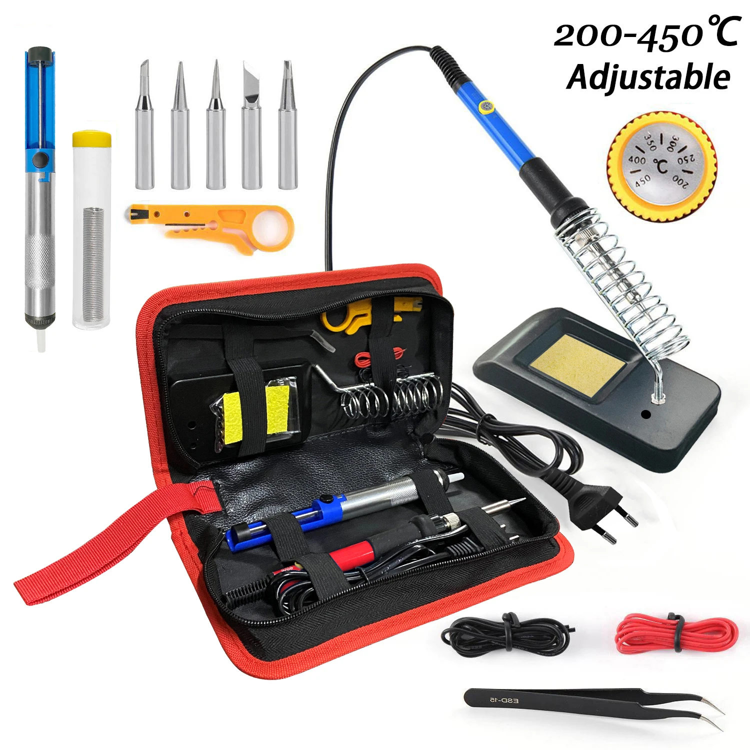 60 W temperaturregulierendes Lötkolben-Set, Heimreparatur-DIY-Werkzeug 200–450 °C mit Pinzette, Eisenspitze/15 in 1 Lötkolben-Set – Detail 2