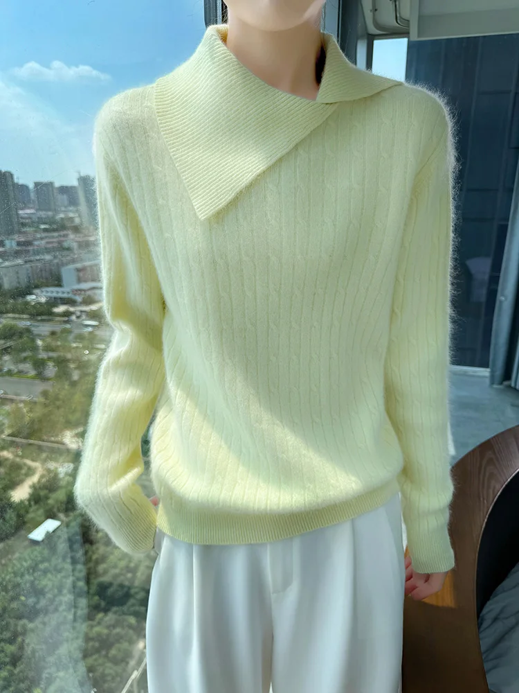 

TLOML Chic Women 100% Mink Cashmere Sweater Turn-Down Slanted Collar Pullover Autumn Winter Soft Warm Mink Cashmere Knitwear Top