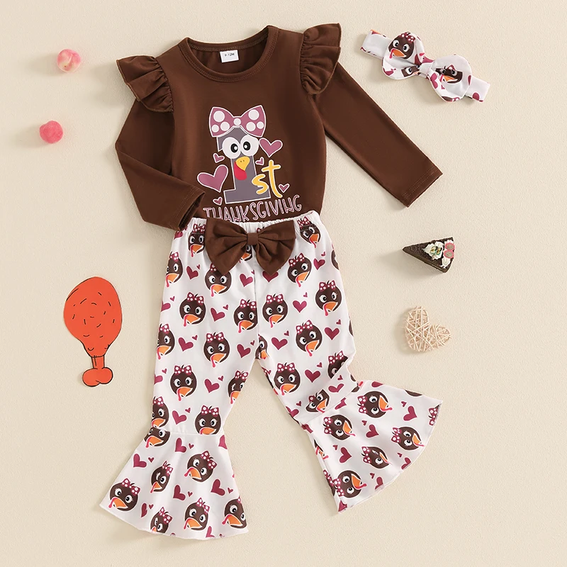 

Baby Girl Thanksgiving Outfit, Turkey Print Long Sleeve Romper Flared Pants Bow Headband 3 Piece Set for Fall