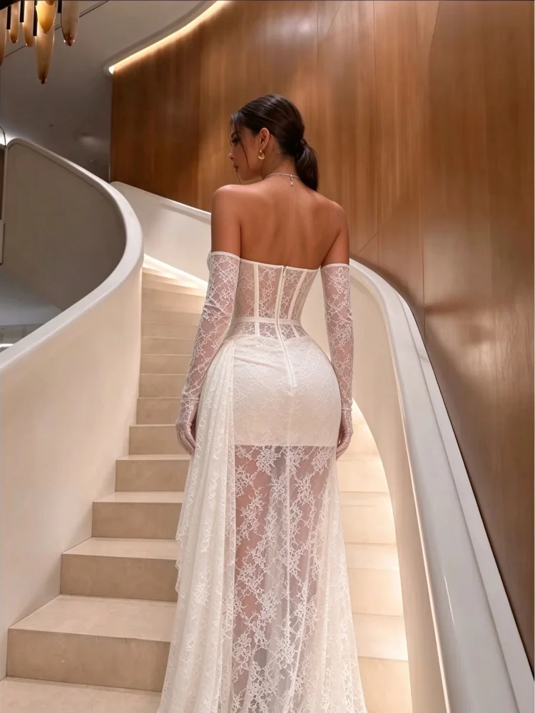 Elegant White Lace Formal Gown Strapless Corset Bodice Detachable Long Lace Gloves High Slit Floor Length Women Evening Dress