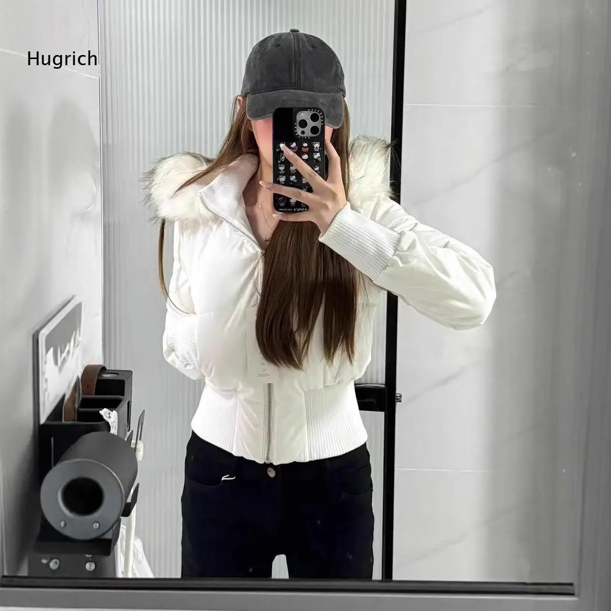 Women's Short Puffer Jacket with Large Fur Trim Hood Winter Warm Coat Loose Fit Casual Streetwear Outerwear for Cold Weather