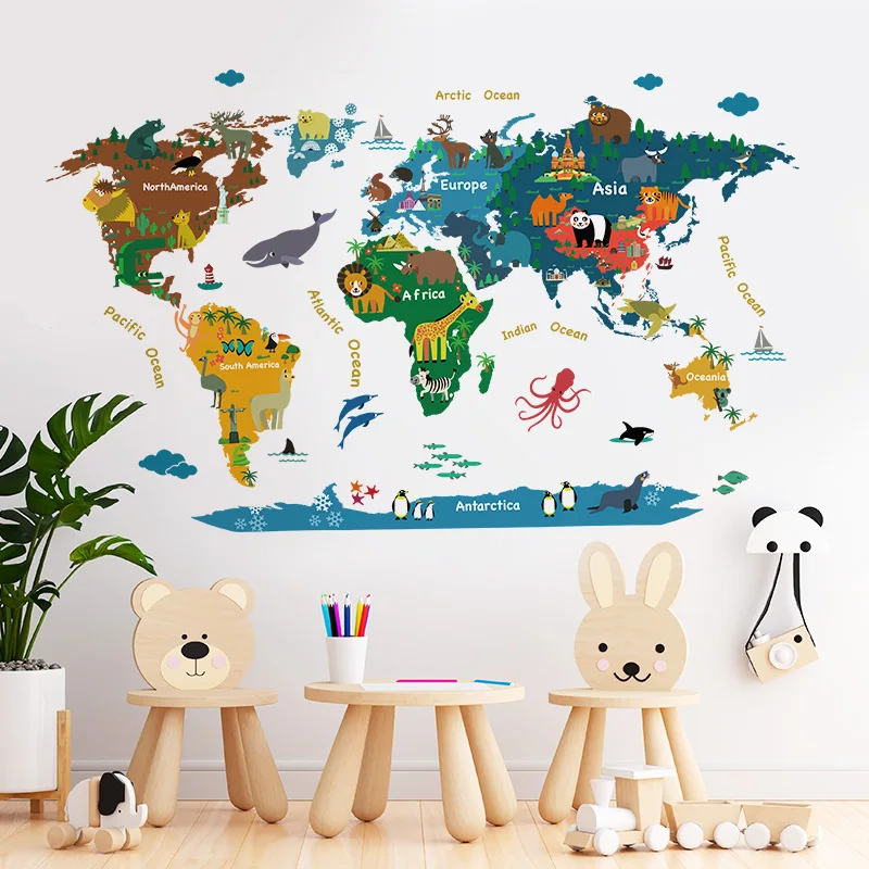 Adesivi murali mappa del mondo dei cartoni animati per camerette Camera da letto per bambini Decorazione murale per aula Sfondi adesivi in vinile autoadesivi