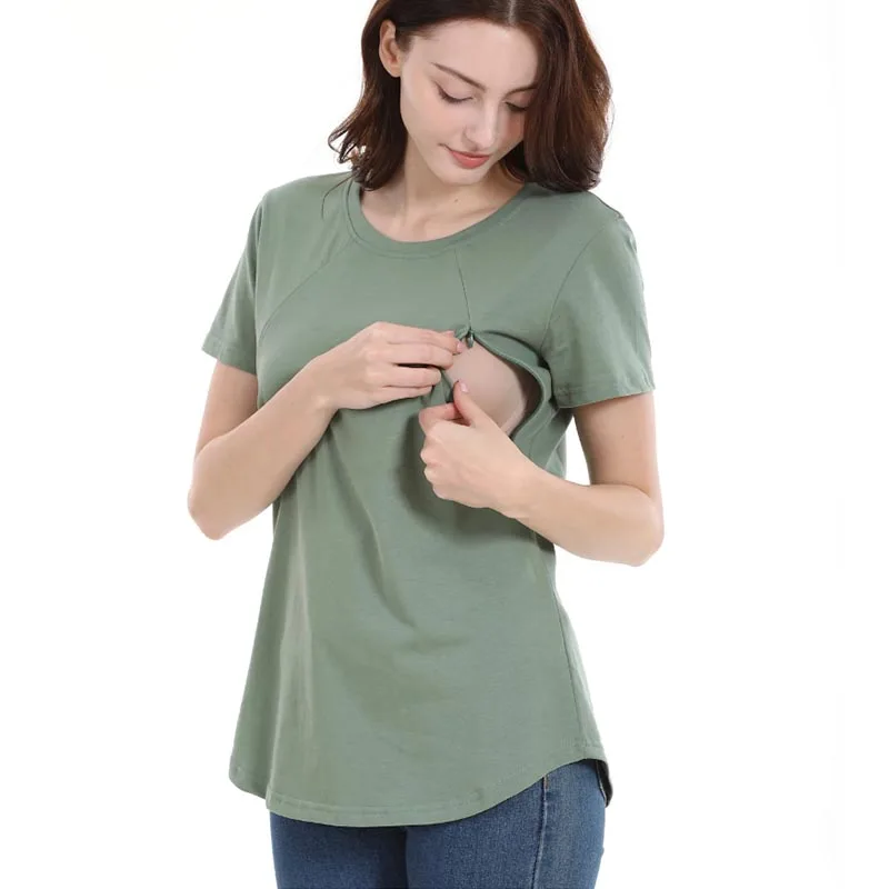 Summer Maternity T Shirt  Short Sleeve Stretch Cotton Tops Zipper Breastfeeding Loose Pregnant Clothes Big Size