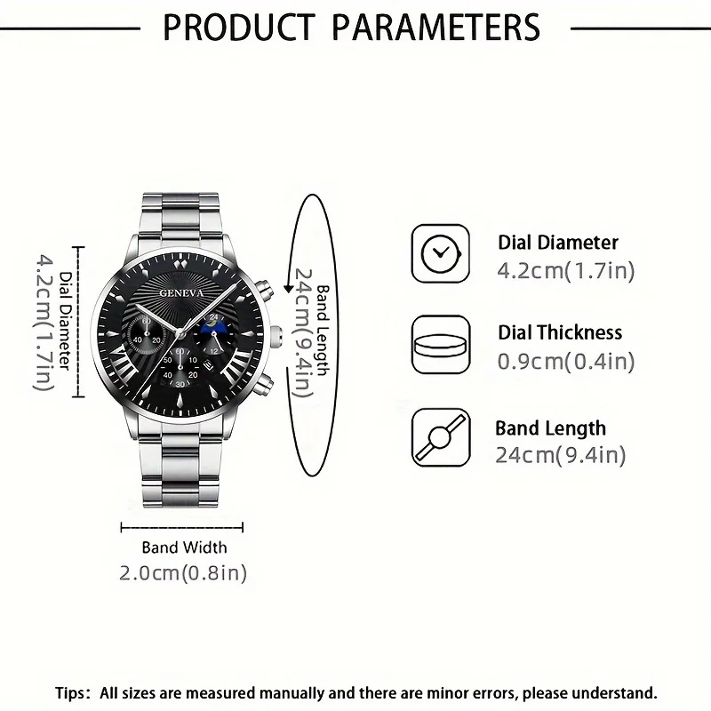 Conjunto de colar de relógio de quartzo em aço inoxidável, calendário de negócios para homens, moda masculina, 3 peças por conjunto