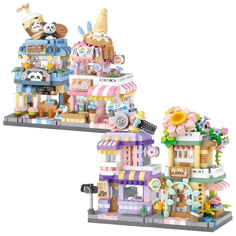 Mini City Street View Flower Shop Ice Cream Coffee Store Building Blocks 4in1 Architecture Bricks Toys Gifts For Kids Girl Adult