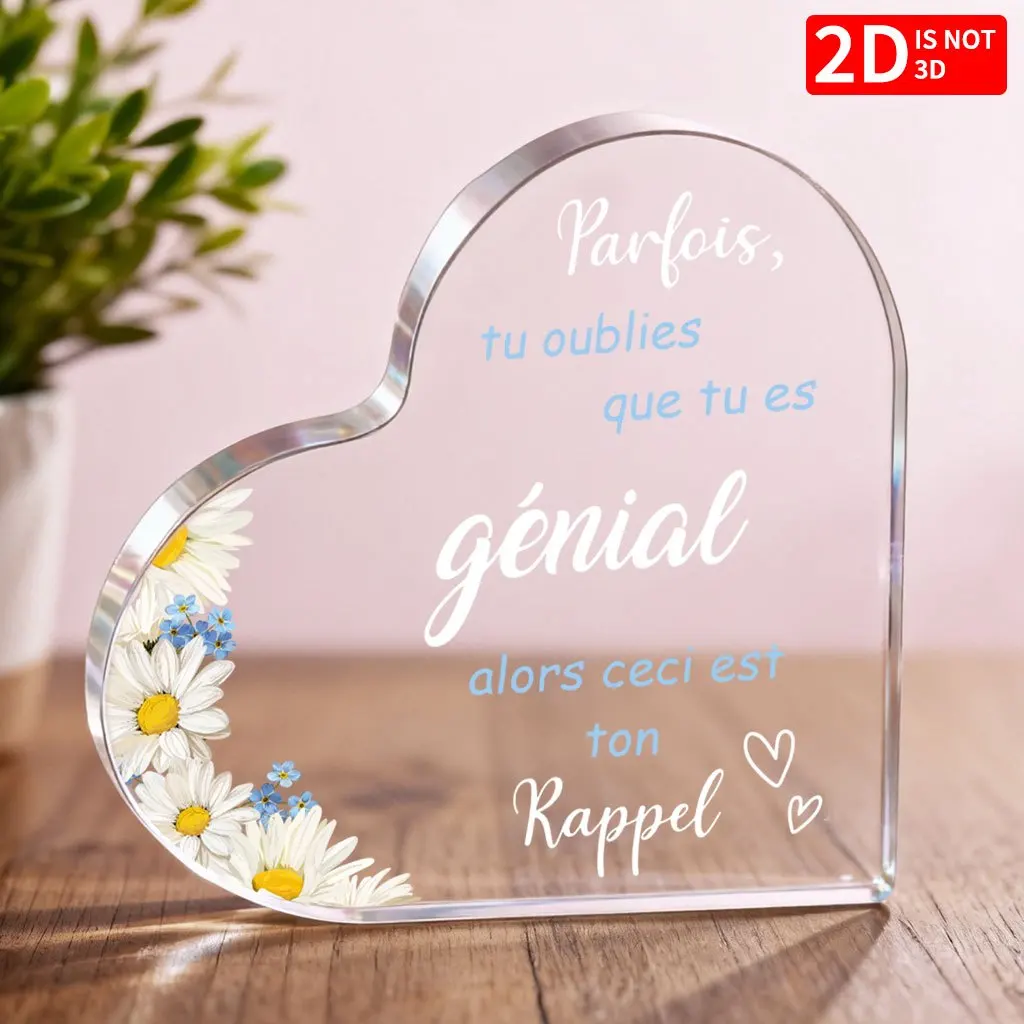 Forget Me Not Daisy,Clear Acrylic Heart Ornament Positive Encouragement French Text Floral Desk Decor