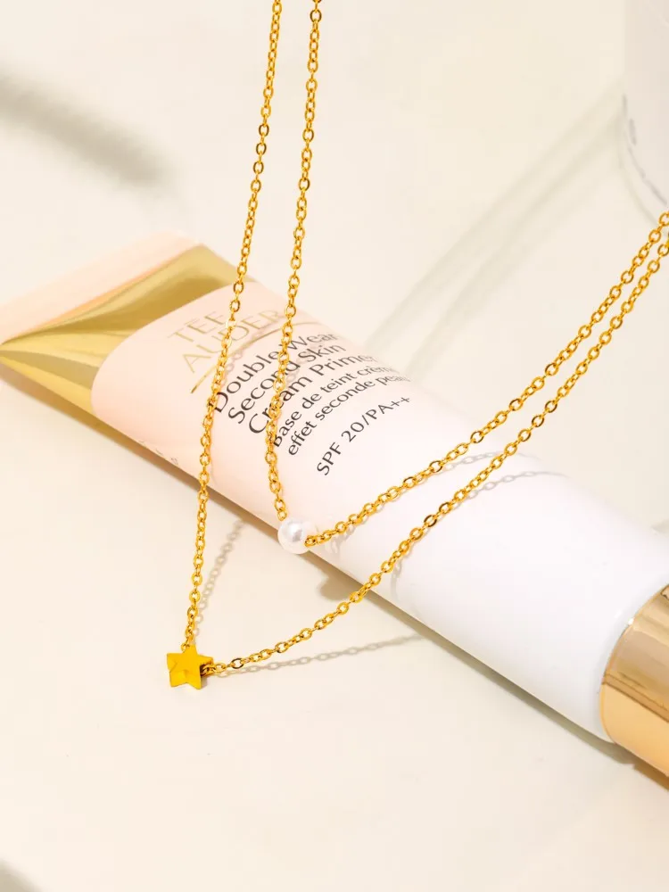 Noria, cadena de dos tiras, collar para mujer con colgante de perla de estrella, abalorio chapado en oro de acero inoxidable, joyería diaria