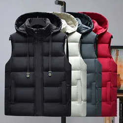 Men Warm Winter Vest Jacket Solid Color Hooded Jacket Vest Coat Zipper Placket Cozy Down Waistcoat for Dating