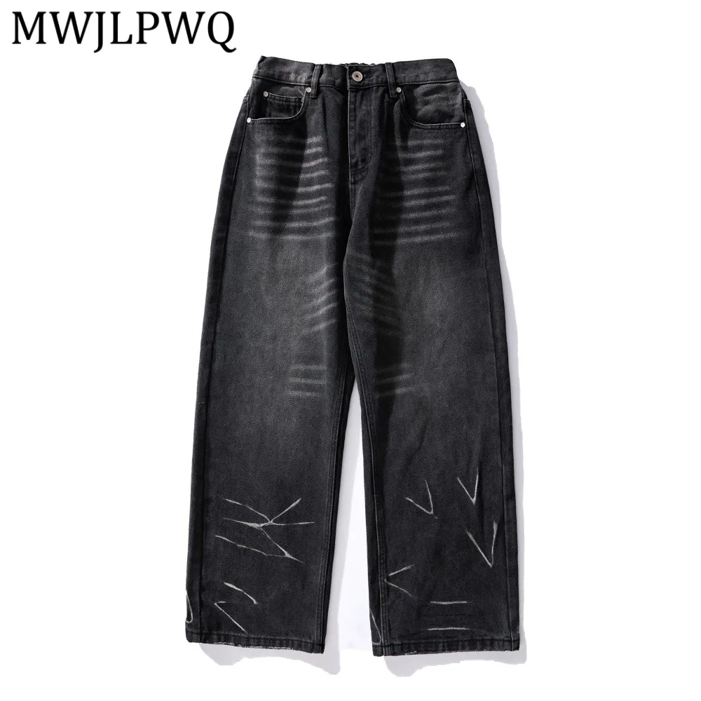 

MWJLPWQ Men's American Distressed Jeans Punk Retro Washed Pleated Loose Casual Straight Denim Long Pants Spring Trendy 13347