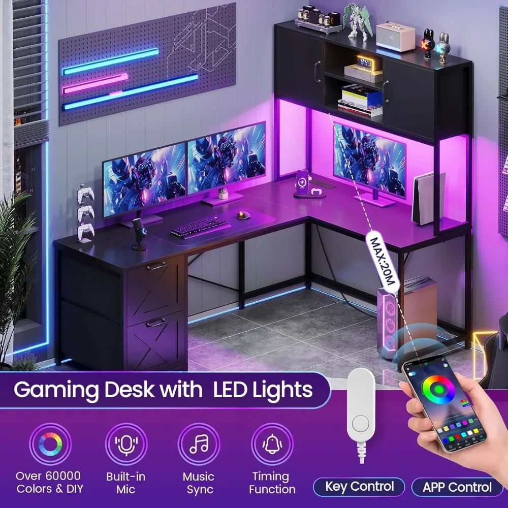 Corner Computer Desk, Reversible L Shaped Computer Desk with Fabric Drawers and Power Outlet, Gaming Desk with Led Lights