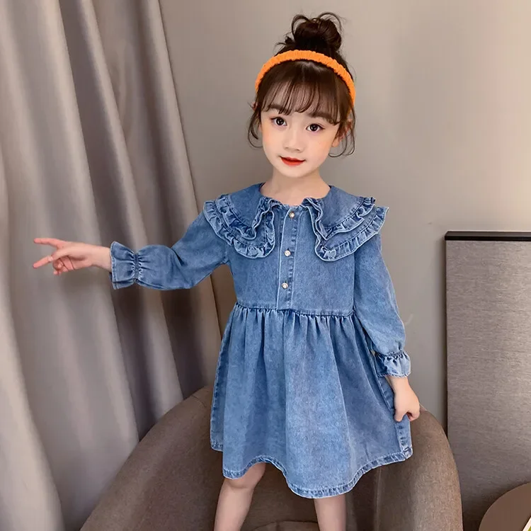 

Kids Denim Dresses 2024 New Fashion Children Clothes Long Sleeves Teenager Jean Dress Teenager Clothing 4 7 8 9 11 12 14 Years