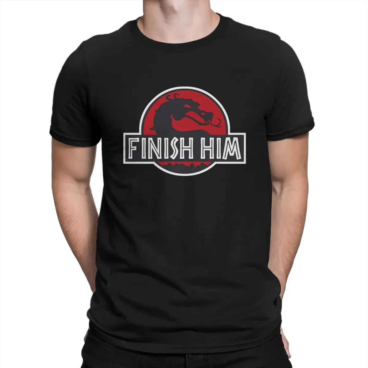 Vintage Finish Him T-Shirts for Men Round Collar Pure Cotton T Shirt Mortal Kombat Fighting Game Short Sleeve Tee Shirt