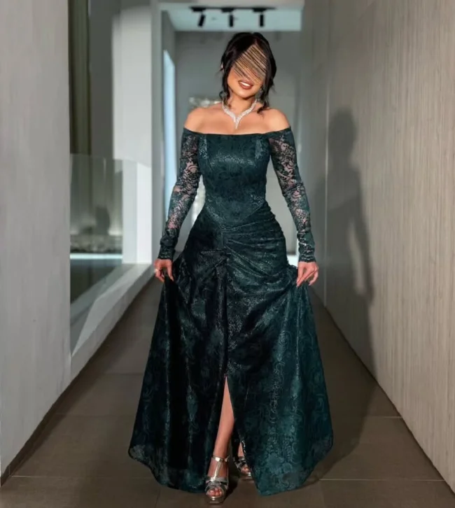 Customized High Quality Strapless Three Quarter High Fork Floor Length Green Women Dresses Evening Formal Dress Women Elegant