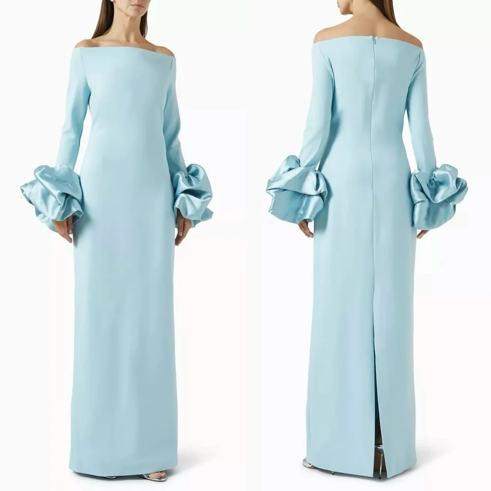 

Customized Simple Jersey Pleat Handmade Flower Straight Boat Neck Long Dresses Bespoke Occasion Dresses Fashion High Quality